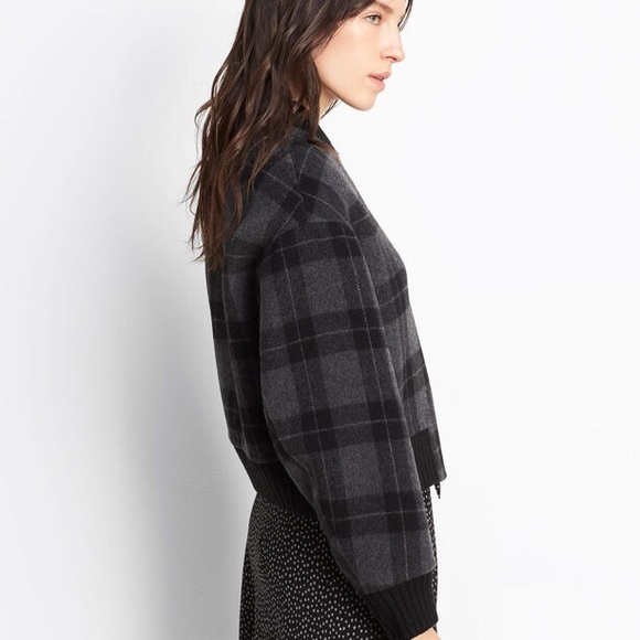 NWT $595 Vince Tonal Plaid Wool-knit Bomber Jacket In Black - Picture 2 of 6